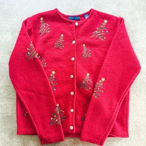 Vintage Wool Karen Scott Festive Red Cardigan with Tree Accents